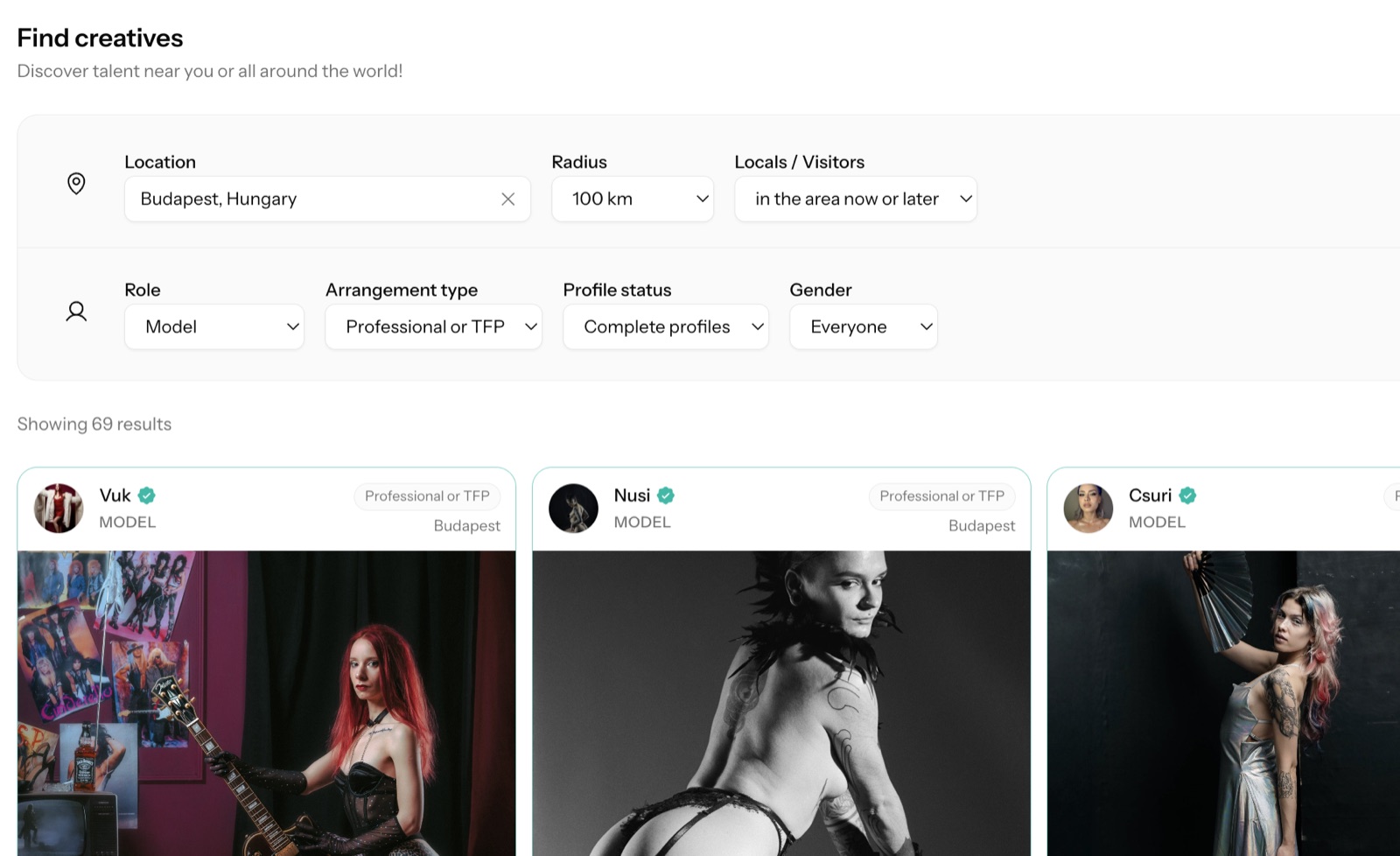 Naebula Kreative finden Filter für Modelle in Budapest mit lokaler und Besucher-Verfügbarkeit.