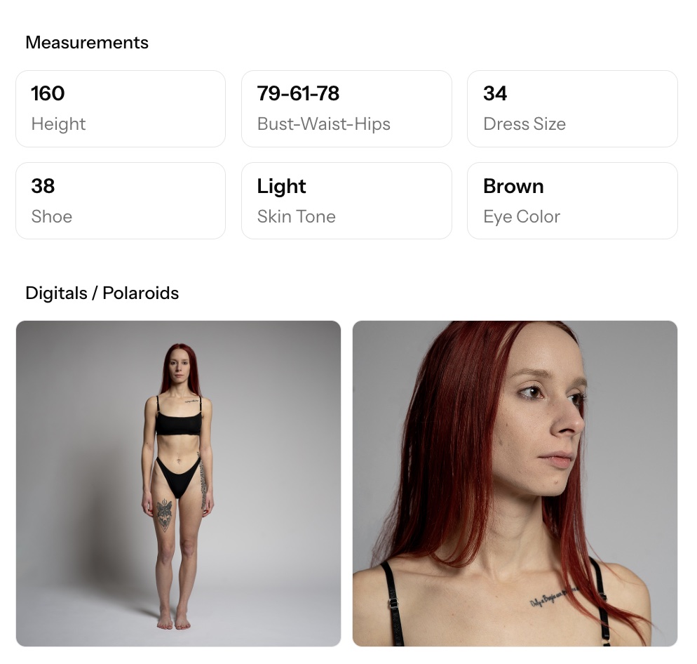 Beispiel eines Model-Profilbereichs mit Maßen und Digitals oder Polaroids.