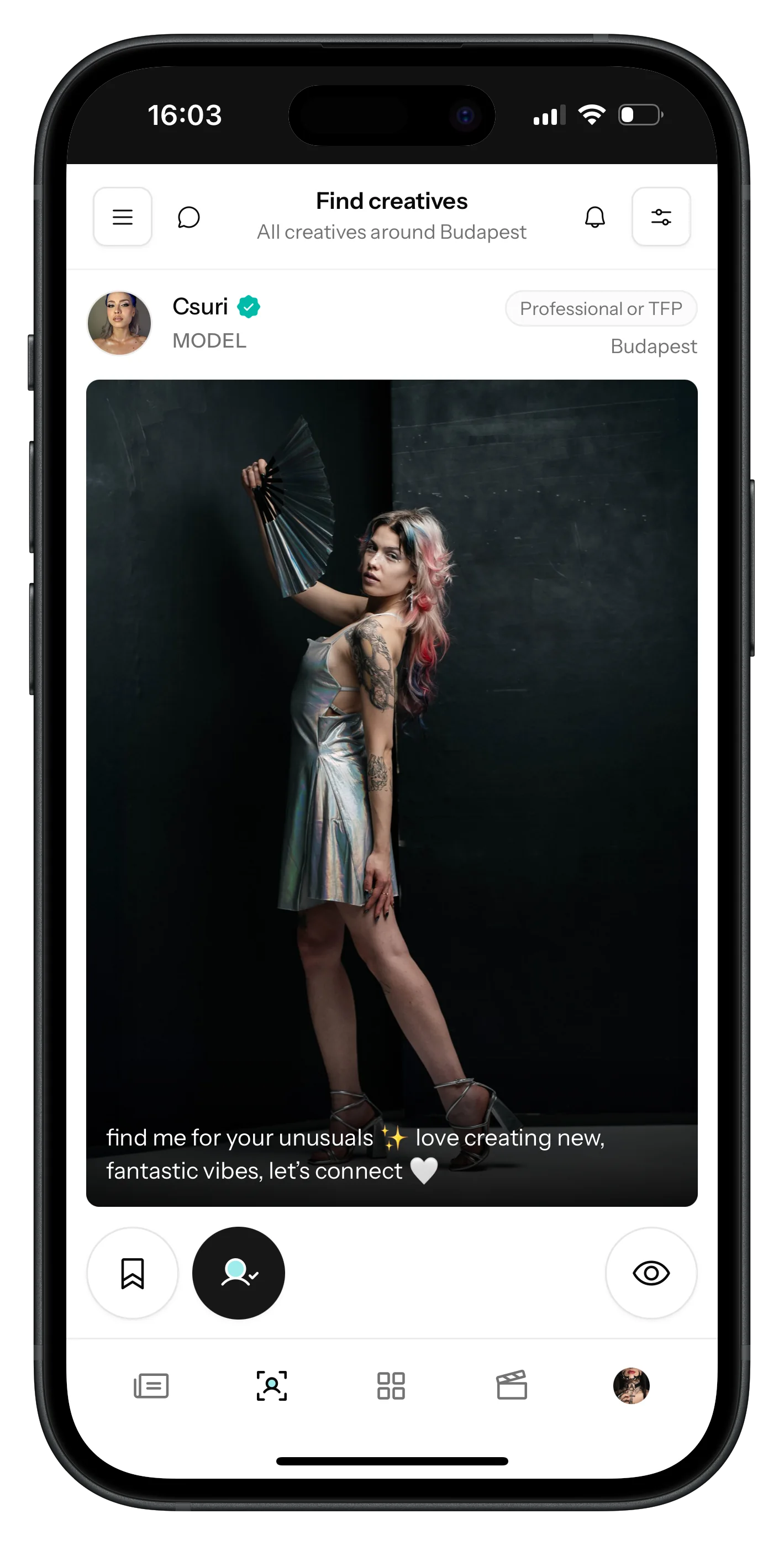 Naebula mobile interface showing creative discovery on a phone